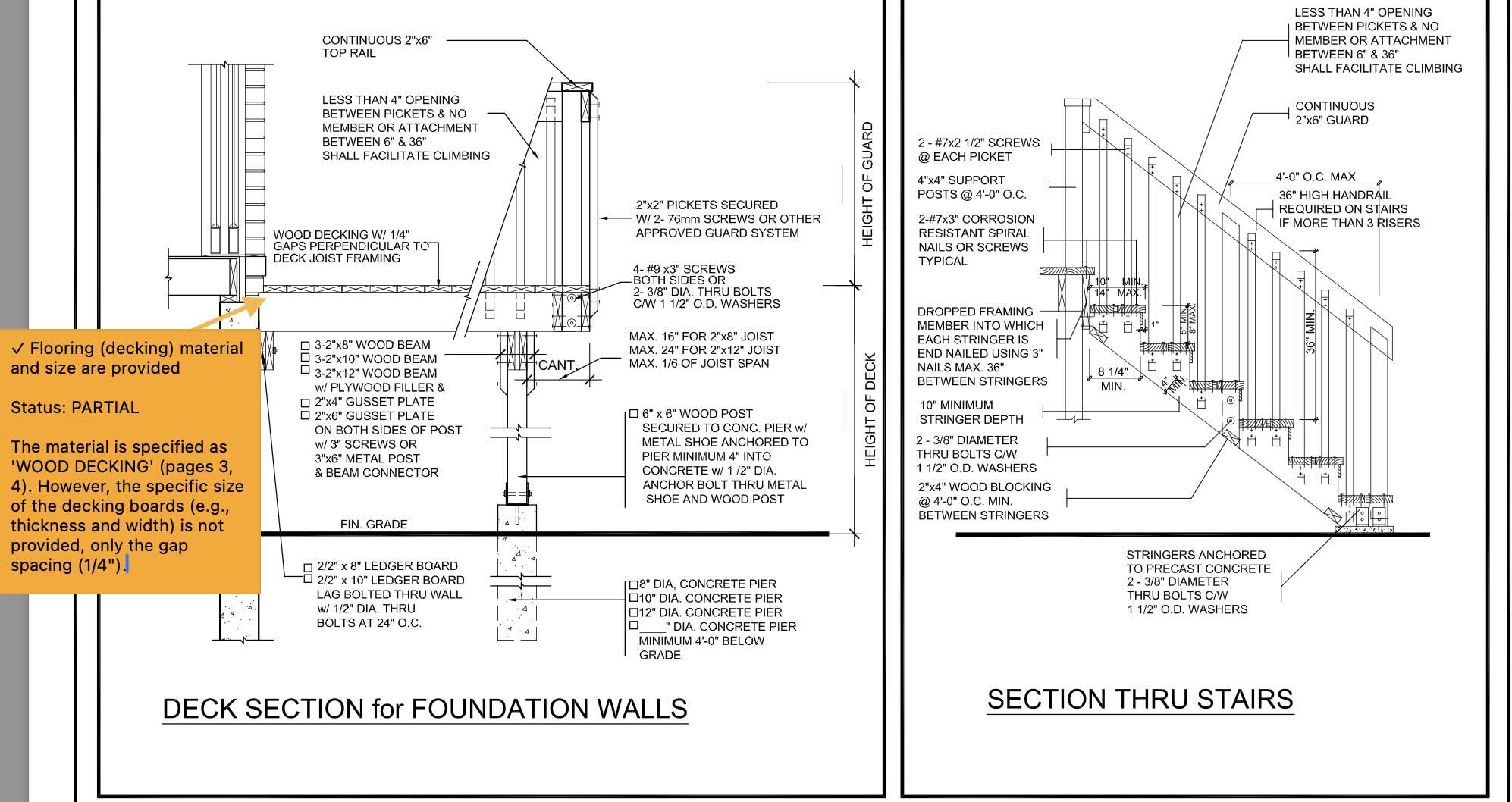 Deck analysis screenshot 1 showing foundation and site plan annotations
